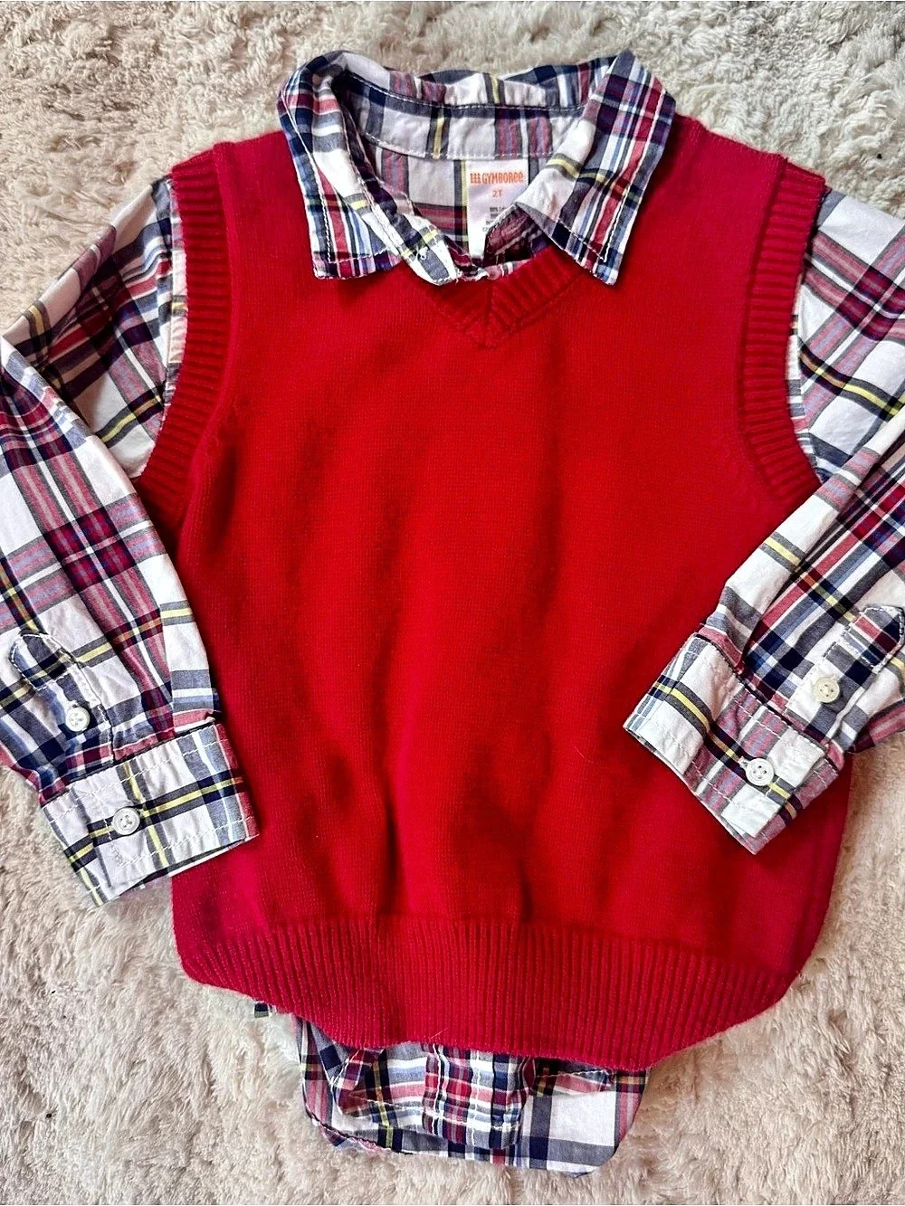 Gymboree Boys 2T Plaid Shirt & Sweater Vest Red & Blue Like New